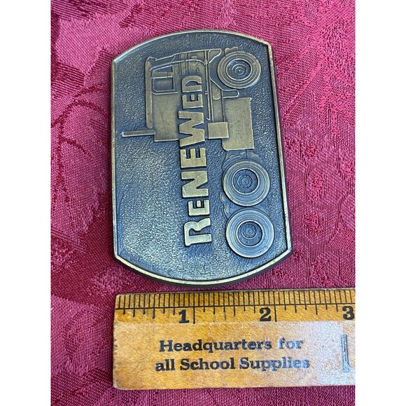 Vtg Cabover Semi Truck Trucker ReNEWed Company Logo Brass Belt Buckle Brand RJ - Picture 8 of 8